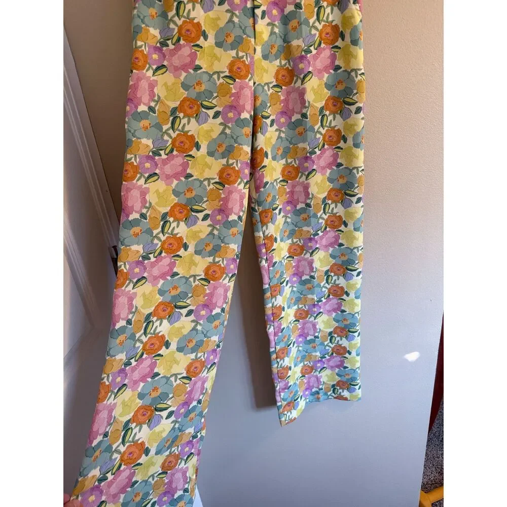 ZARA Multicolor Floral High Waisted Wide Leg Pants Size Small Boho Flowy Palazzo - Picture 5 of 9